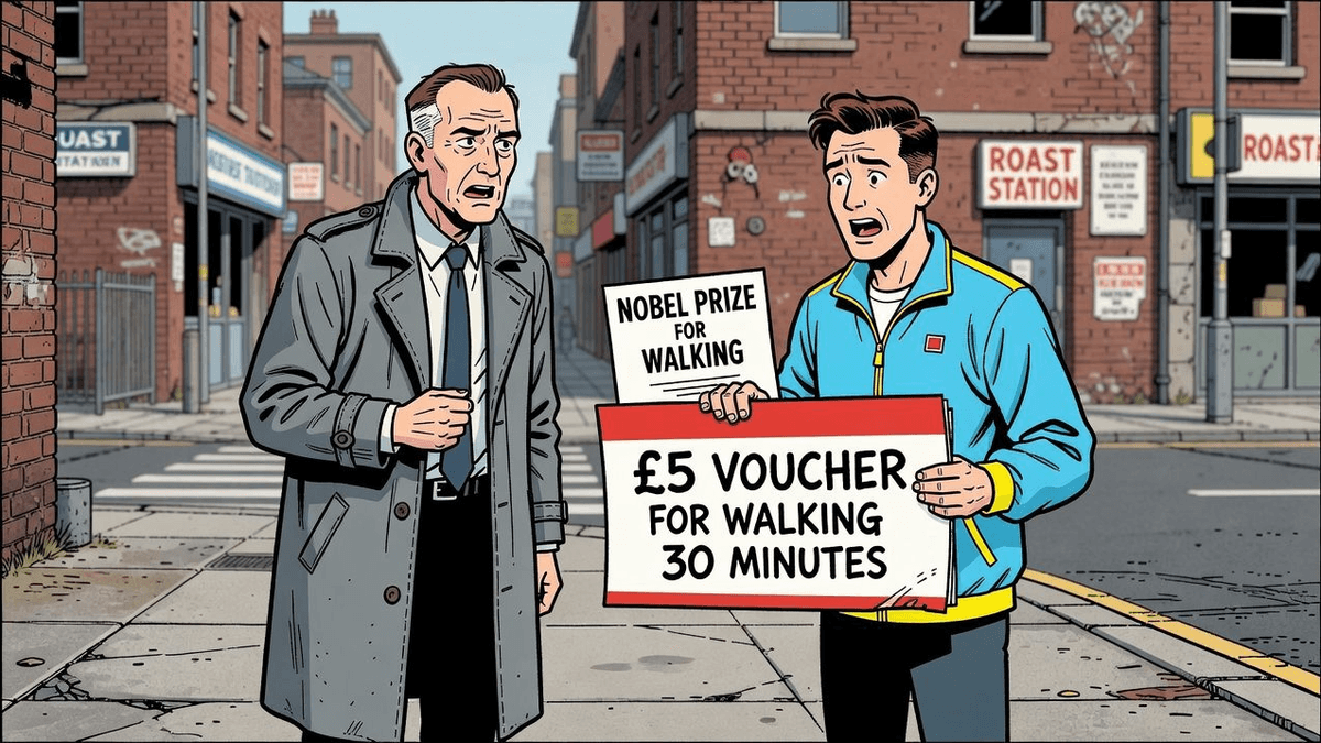 NHS Bribes You to Walk 30 Minutes Like It's Nobel-Worthy — World satirical illustration by Roast Station